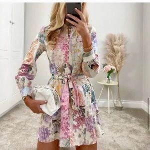 Zara floral dress Linen Belted Tropical Mini Dress Blogger Boho SZ SM